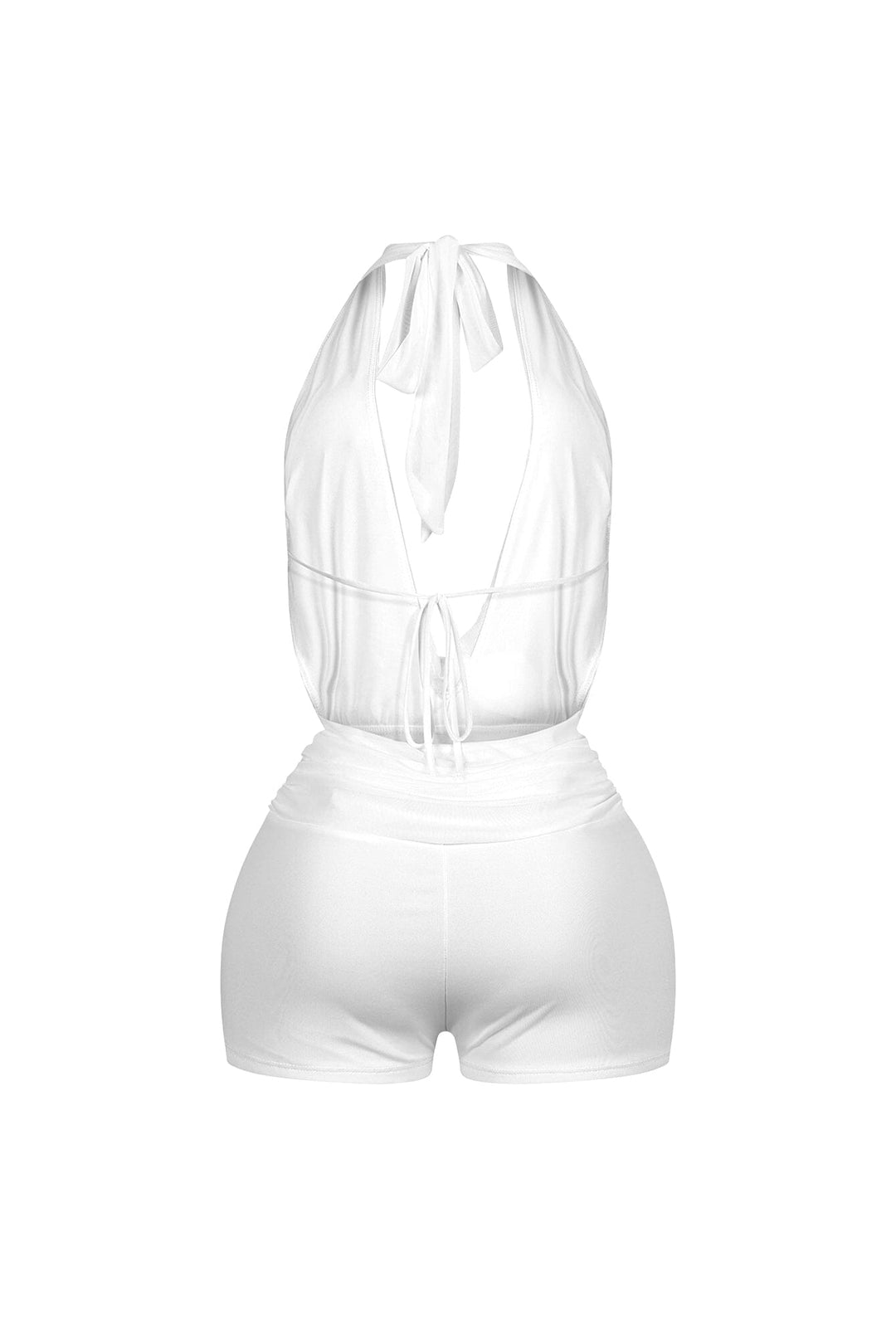EDGE — white mesh cowl neck halter romper, back view flat lay