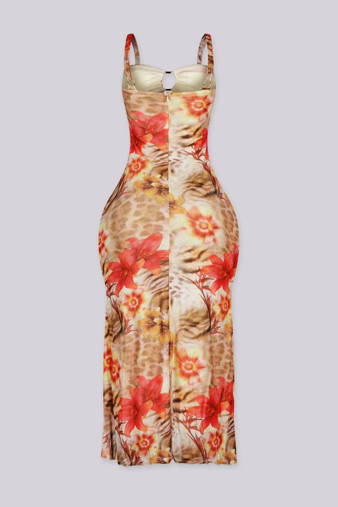 Ruffled midi dress with high side slit featuring center cutout detailing