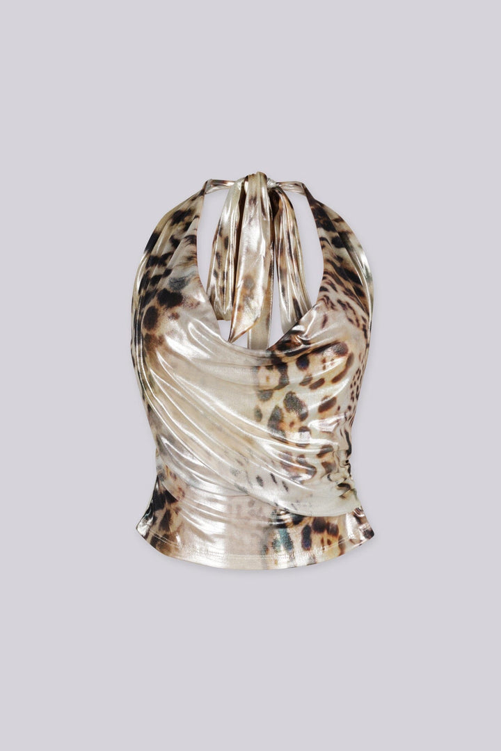 Animal print halter crop top with deep plunging cowl style neckline