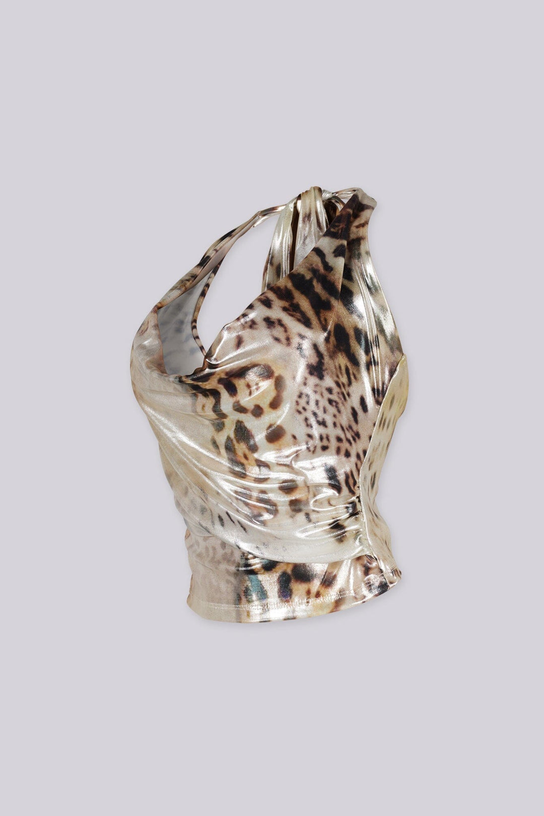 Animal print halter crop top with deep plunging cowl style neckline