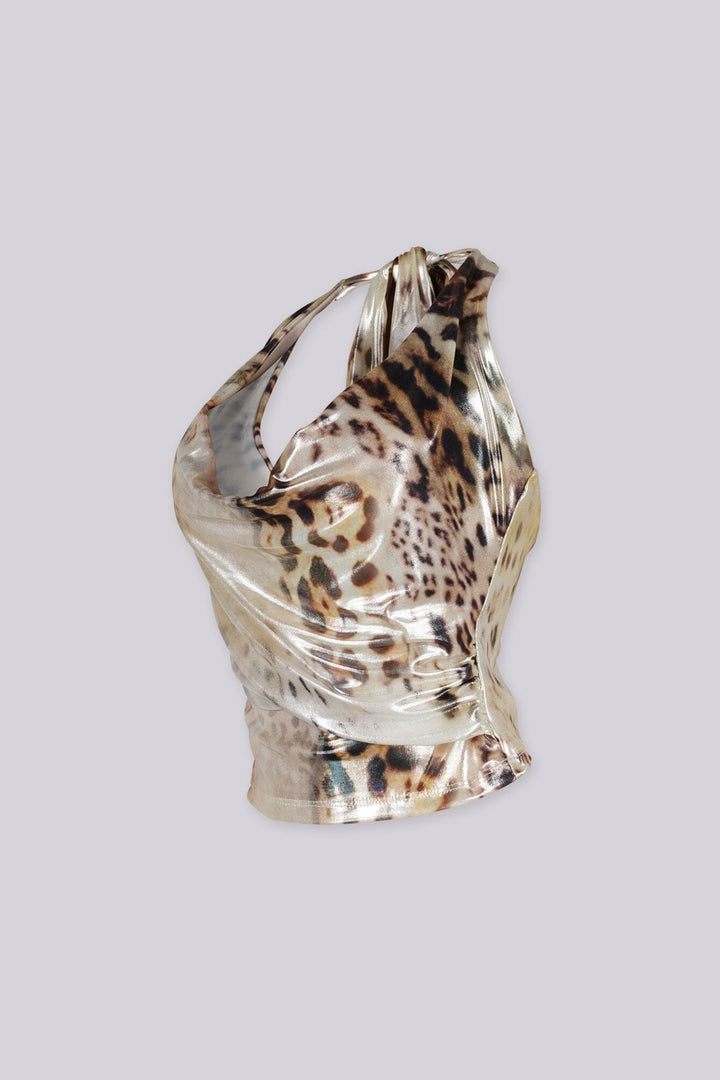 Animal print halter crop top with deep plunging cowl style neckline