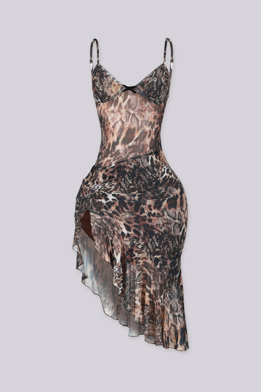 Sheer animal print midi dress with structured sweetheart bust and 
asymmetrical waterfall ruffle flare hemline with side slit