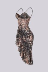 Sheer animal print midi dress with structured sweetheart bust and 
asymmetrical waterfall ruffle flare hemline with side slit