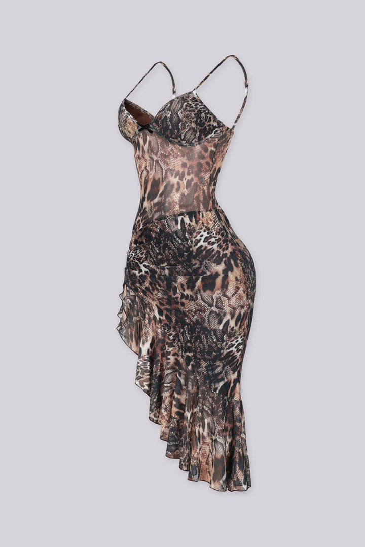 Sheer animal print midi dress with structured sweetheart bust and 
asymmetrical waterfall ruffle flare hemline with side slit
