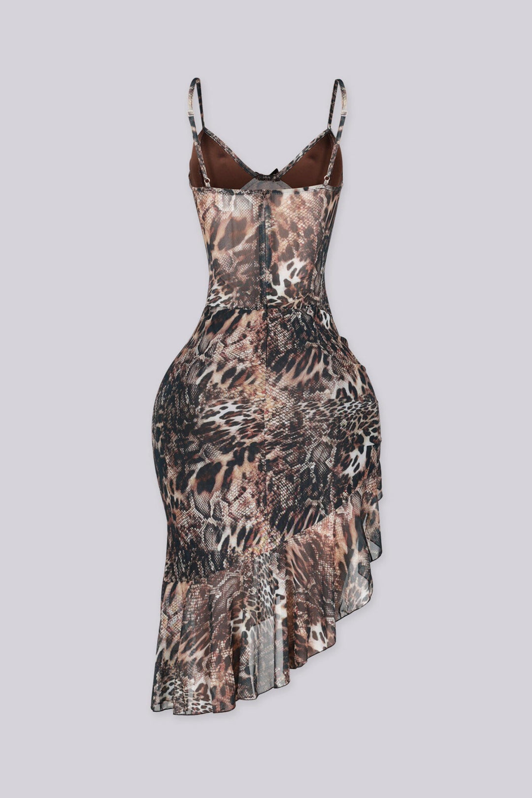 Sheer animal print midi dress with structured sweetheart bust and 
asymmetrical waterfall ruffle flare hemline with side slit