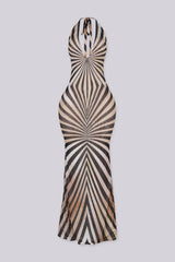 Mesh sleeveless halter neck maxi dress featuring animal print design and deep open back