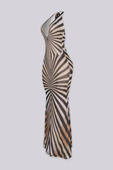 Mesh sleeveless halter neck maxi dress featuring animal print design and deep open back