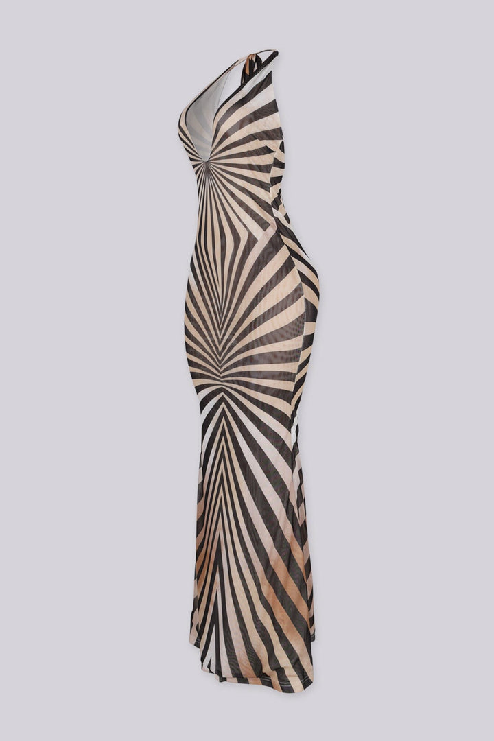 Mesh sleeveless halter neck maxi dress featuring animal print design and deep open back