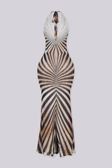 Mesh sleeveless halter neck maxi dress featuring animal print design and deep open back