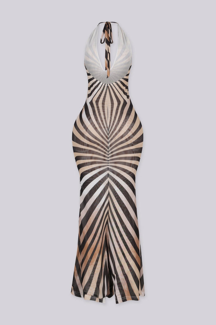 Mesh sleeveless halter neck maxi dress featuring animal print design and deep open back