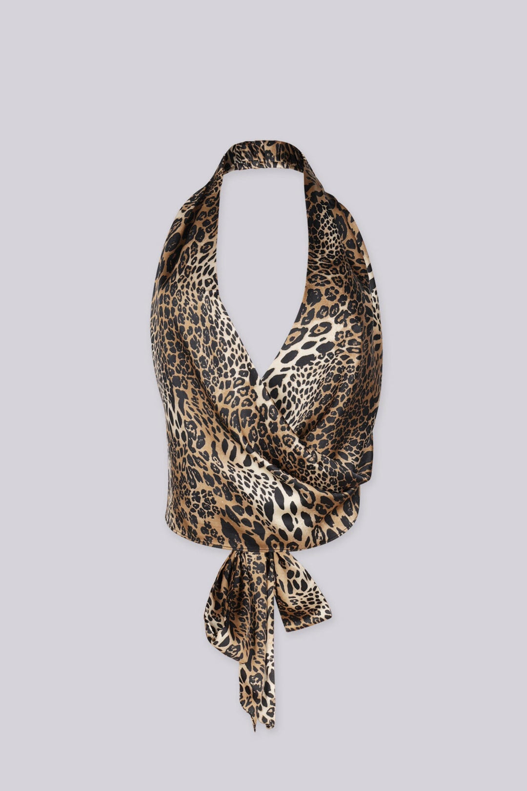 Leopard print satin cowl neck halter top,
Deep V wrap front neckline