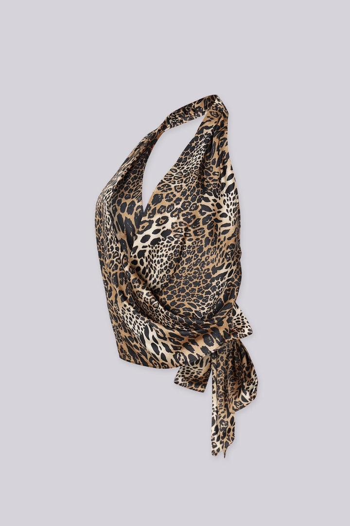 Leopard print satin cowl neck halter top,
Deep V wrap front neckline