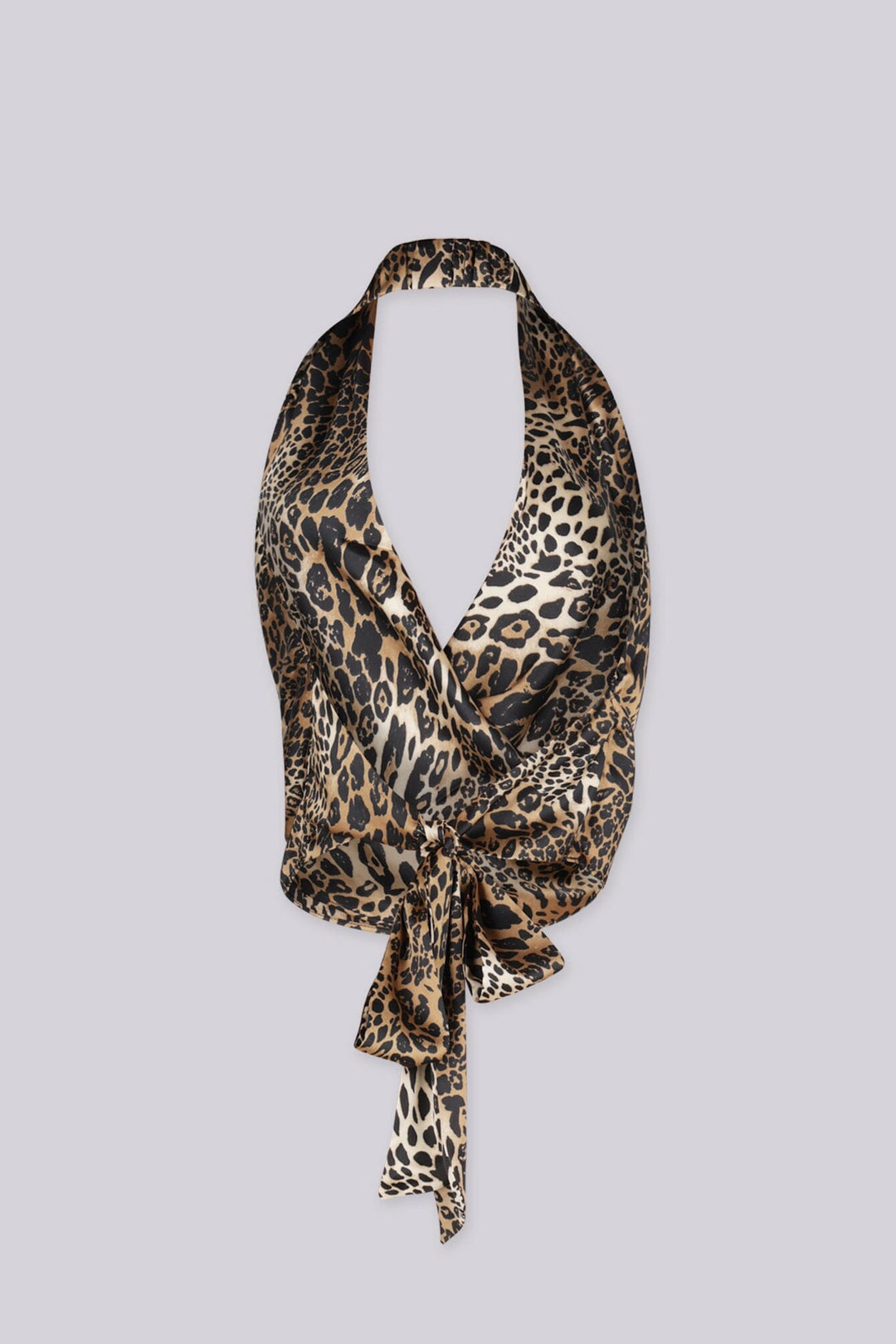 Leopard print satin cowl neck halter top,
Deep V wrap front neckline