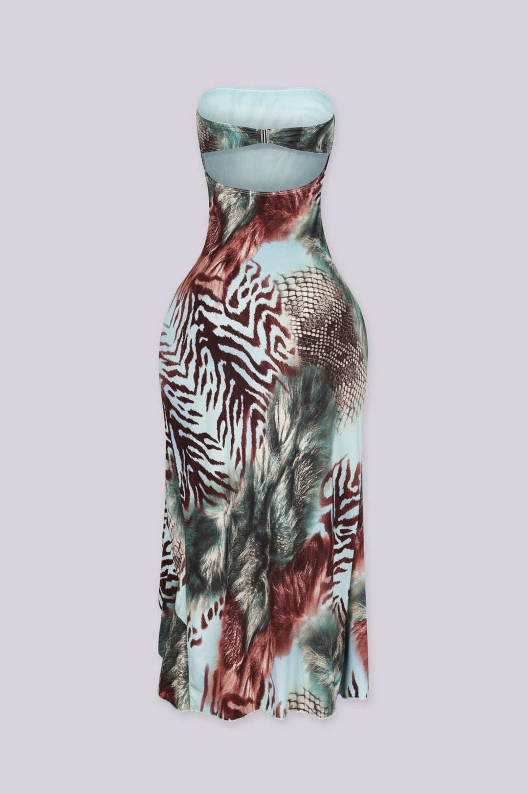 EDGEBYKS - Animal print fitted bodice midi dress with ruffle trim at side,
Open back and slide lock snap closure, back view