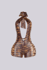 EDGEBYKS - Animal print halter neck plunging V neckline romper with sash tie on waist, front view