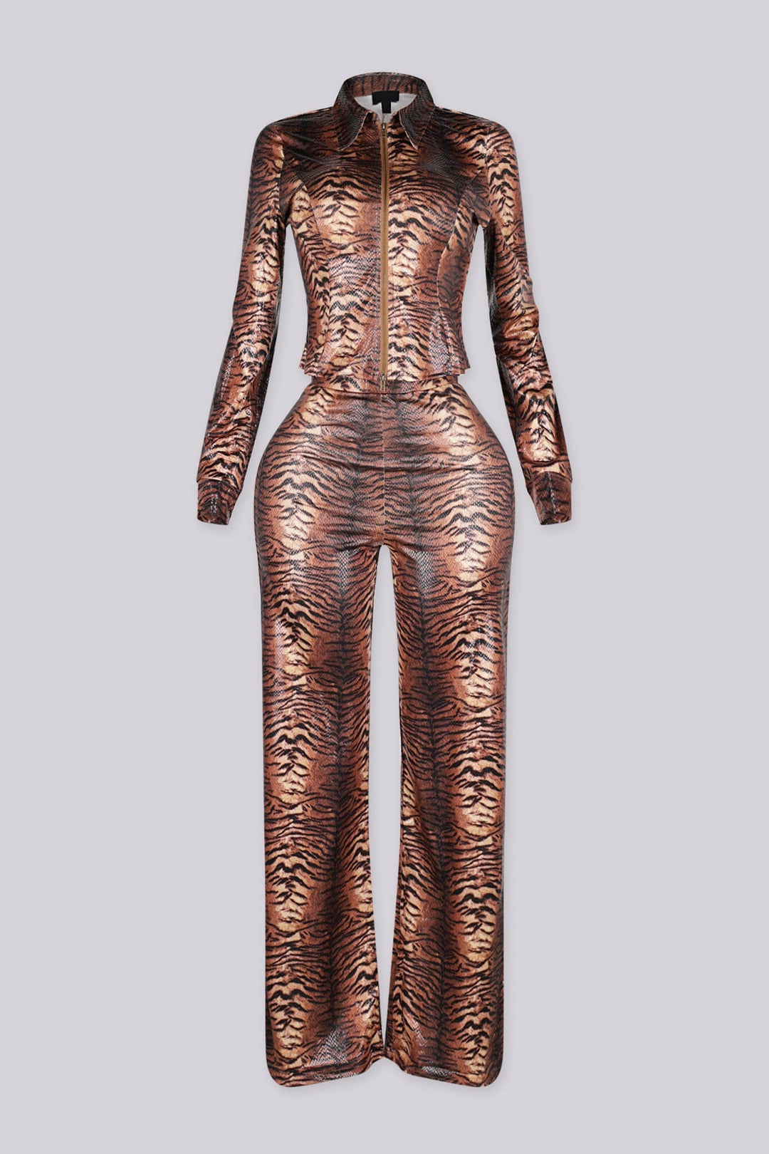 Glossy animal printed long sleeve fitted top with a pointed collar neckline