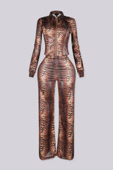 Glossy animal printed long sleeve fitted top with a pointed collar neckline