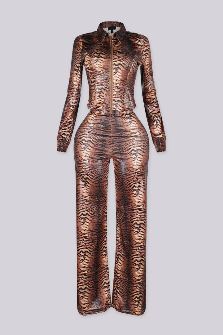 Glossy animal printed long sleeve fitted top with a pointed collar neckline