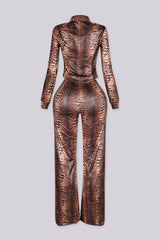 Glossy animal printed long sleeve fitted top with a pointed collar neckline
