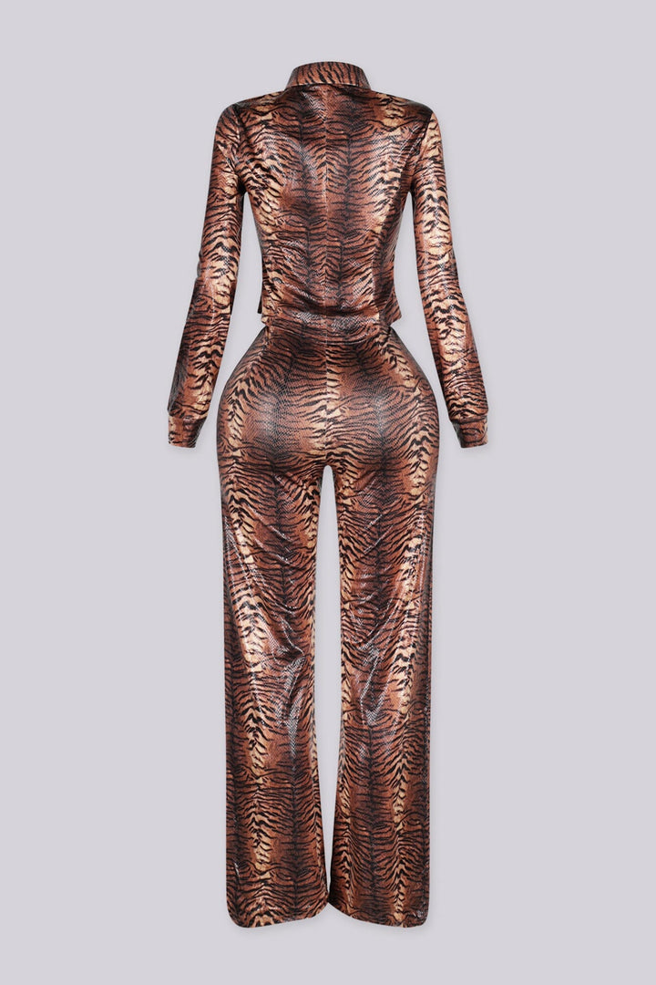 Glossy animal printed long sleeve fitted top with a pointed collar neckline