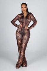 Glossy animal printed long sleeve fitted top with a pointed collar neckline