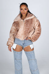 Cropped faux fur jacket with a funnel neck collar featuring spotted fawn print detailing and side pockets