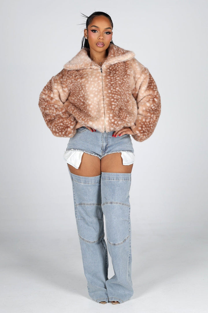 Cropped faux fur jacket with a funnel neck collar featuring spotted fawn print detailing and side pockets