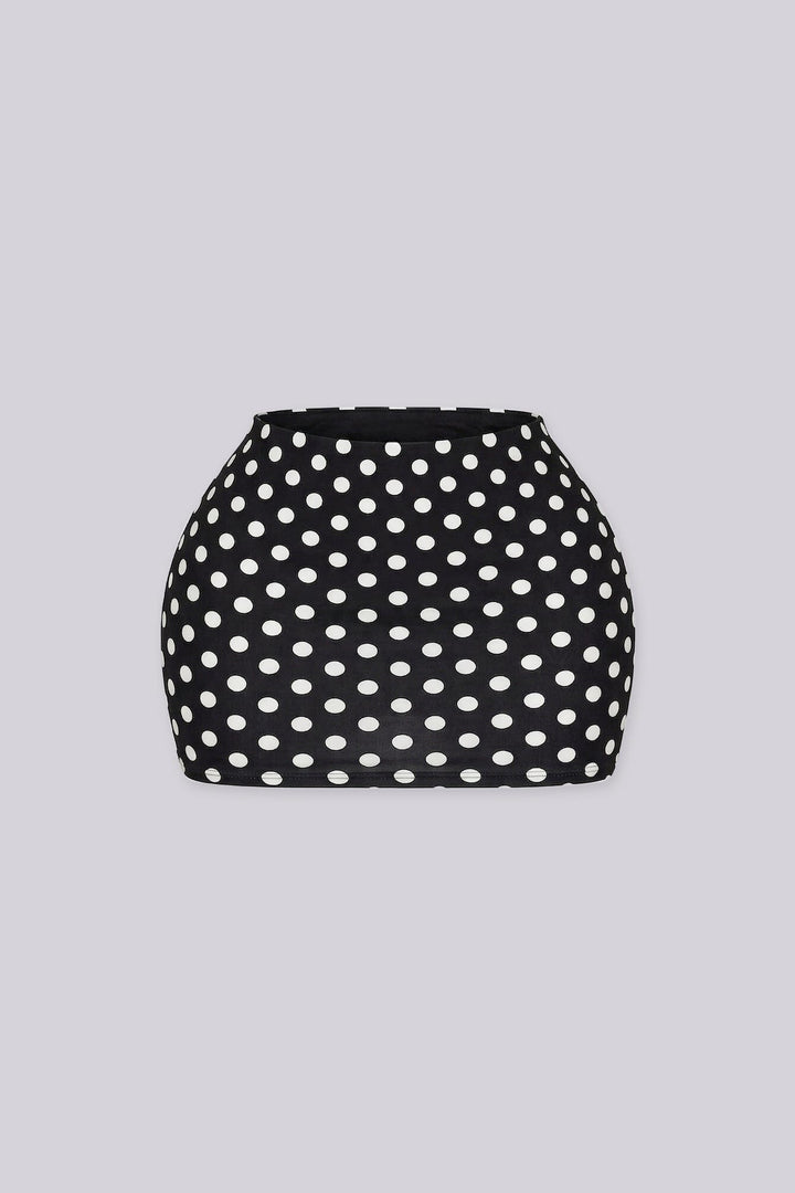High waisted bodycon polka dots mini skirt featuring form fitting stretch fabric