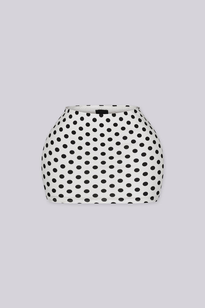 High waisted bodycon polka dots mini skirt featuring form fitting stretch fabric