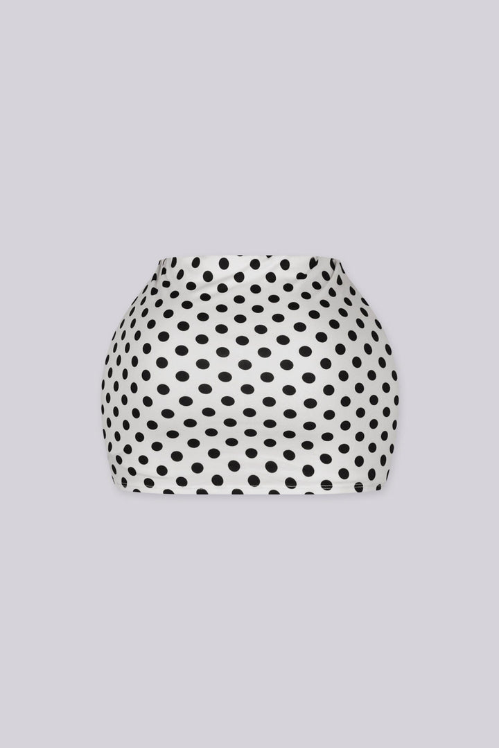 High waisted bodycon polka dots mini skirt featuring form fitting stretch fabric