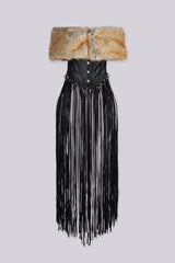 Fitted adjustable corset bustier with front closure with non slip interior grip and fringe hem detail design