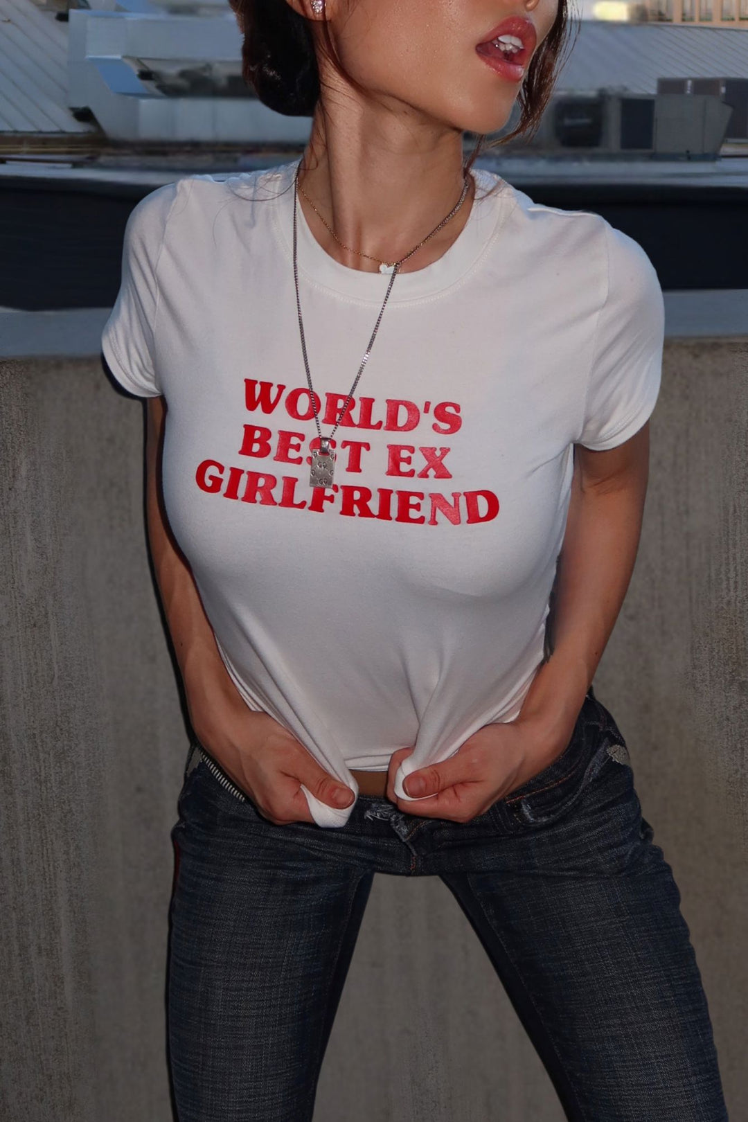 Soft cotton crop tee featuring "WORLD'S BEST EX GIRLFRIEND"
