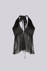 Deep plunge sheer lace top with open back with self tie straps at the neck