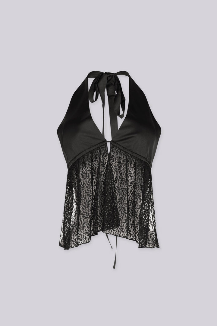 Deep plunge sheer lace top with open back with self tie straps at the neck