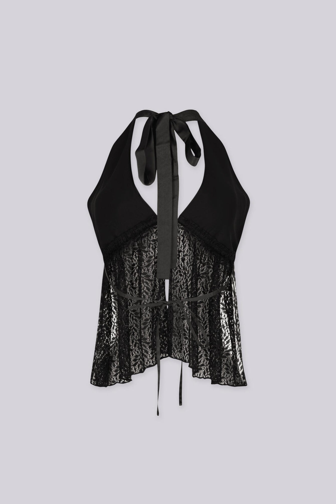 Deep plunge sheer lace top with open back with self tie straps at the neck