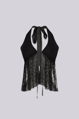Deep plunge sheer lace top with open back with self tie straps at the neck
