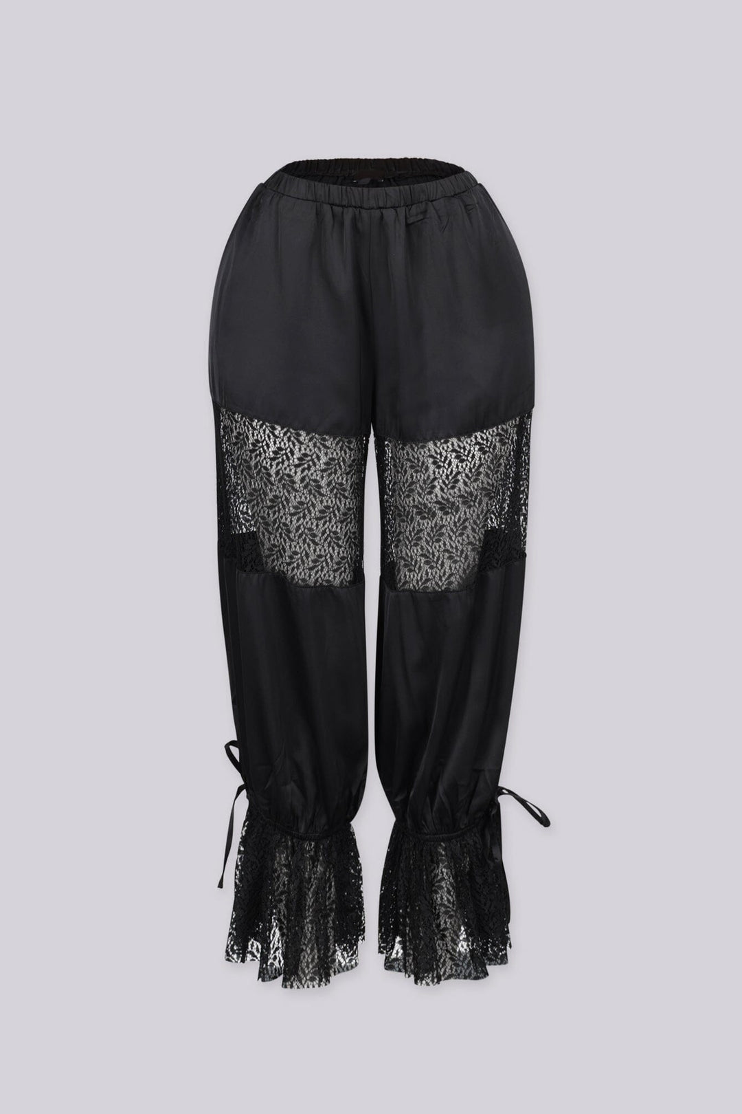 Sheer floral lace panel inserts across the thigh area, Lace ruffle cuffs at the hem