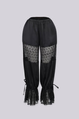 Sheer floral lace panel inserts across the thigh area, Lace ruffle cuffs at the hem