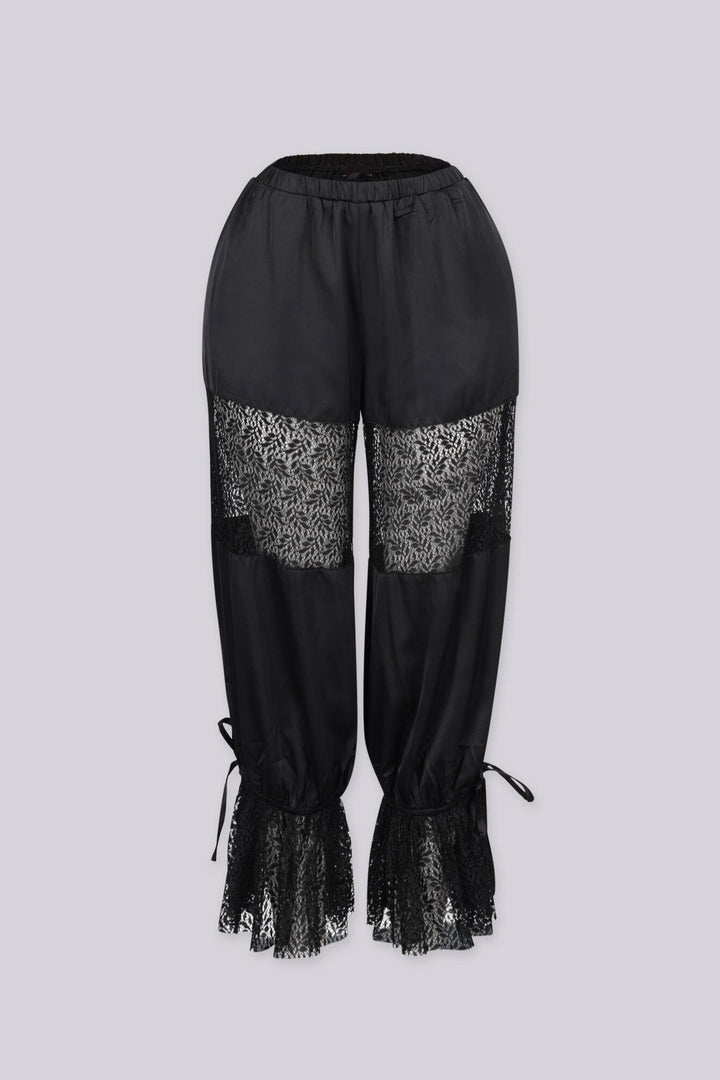 Sheer floral lace panel inserts across the thigh area, Lace ruffle cuffs at the hem