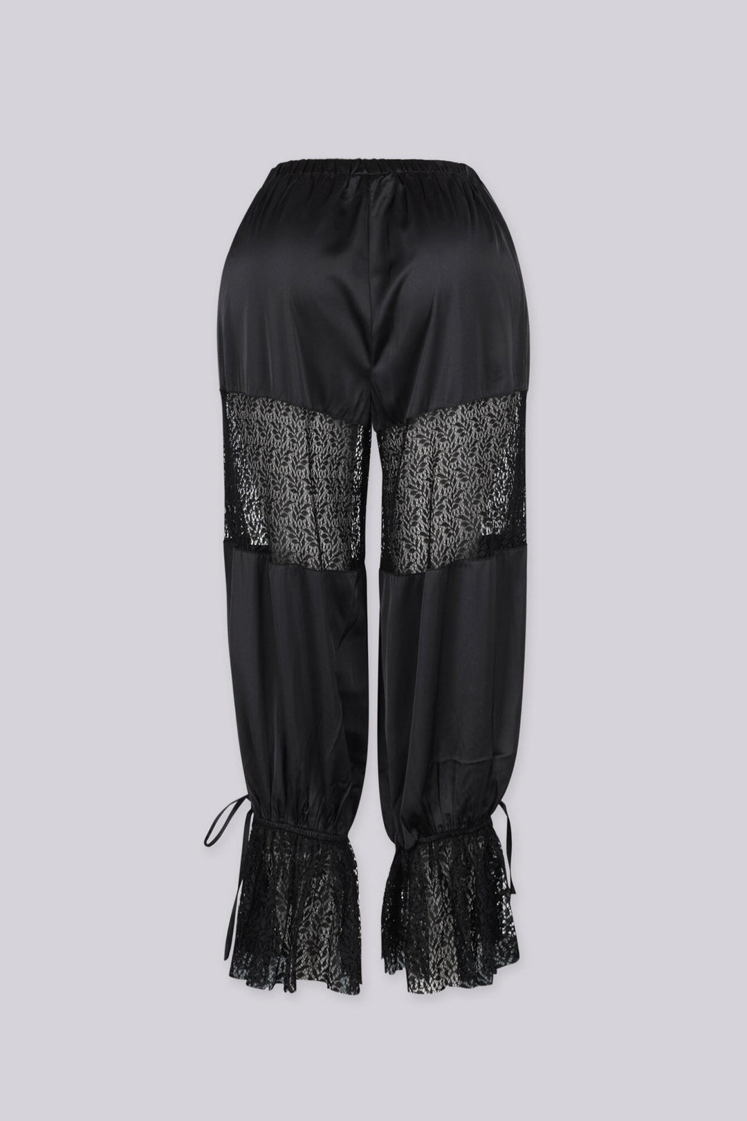 Sheer floral lace panel inserts across the thigh area, Lace ruffle cuffs at the hem