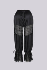 Sheer floral lace panel inserts across the thigh area, Lace ruffle cuffs at the hem