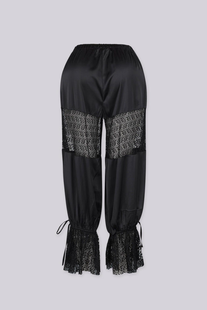 Sheer floral lace panel inserts across the thigh area, Lace ruffle cuffs at the hem