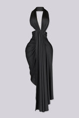 Wide halter neckline dress with deep plunging V front featuring bold side cut out at midriff
Asymmetrical hemline skirt with open back design with statement gold chain detail