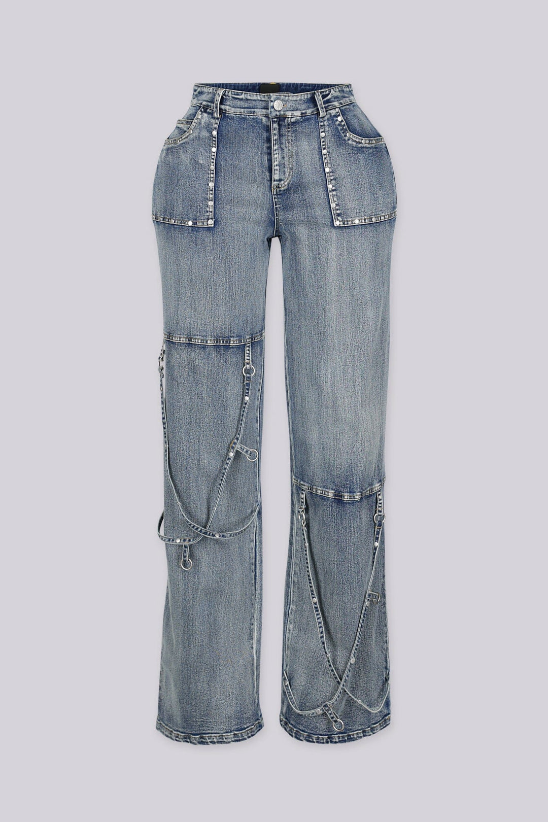 High-waisted wide leg medium wash jeans featuring stud-lined front pockets and dangling straps with silver O-ring hardware
