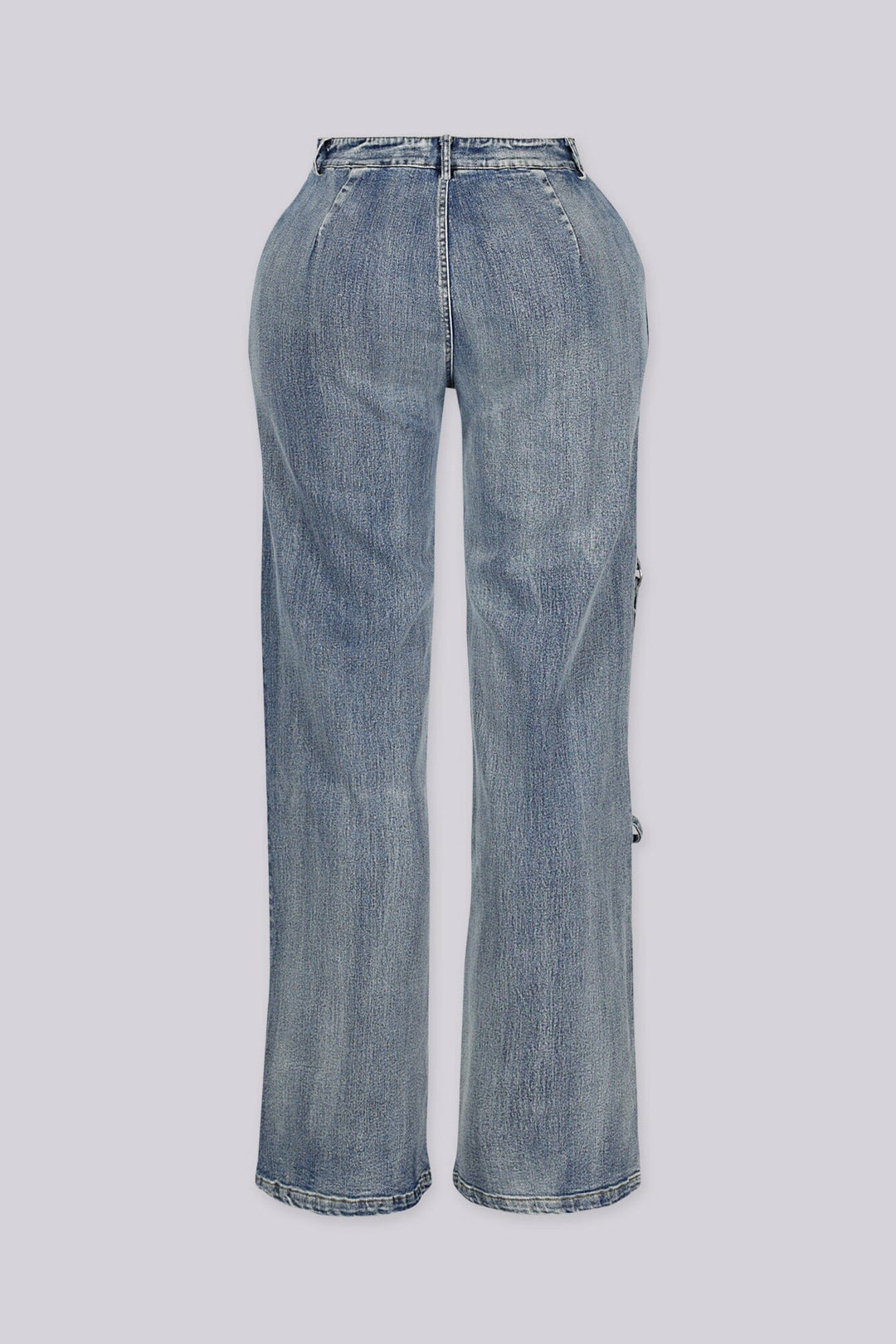 High-waisted wide leg medium wash jeans featuring stud-lined front pockets and dangling straps with silver O-ring hardware