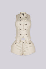 Mandarin collar sleeveless button up vest top featuring a tailored fit