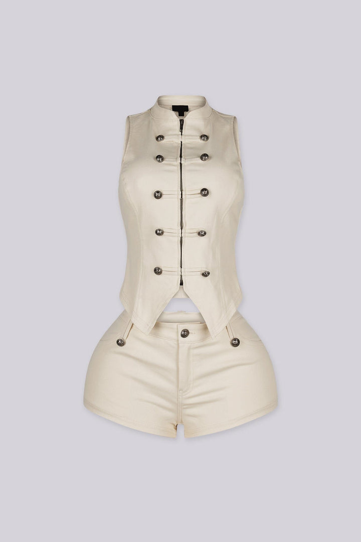 Mandarin collar sleeveless button up vest top featuring a tailored fit