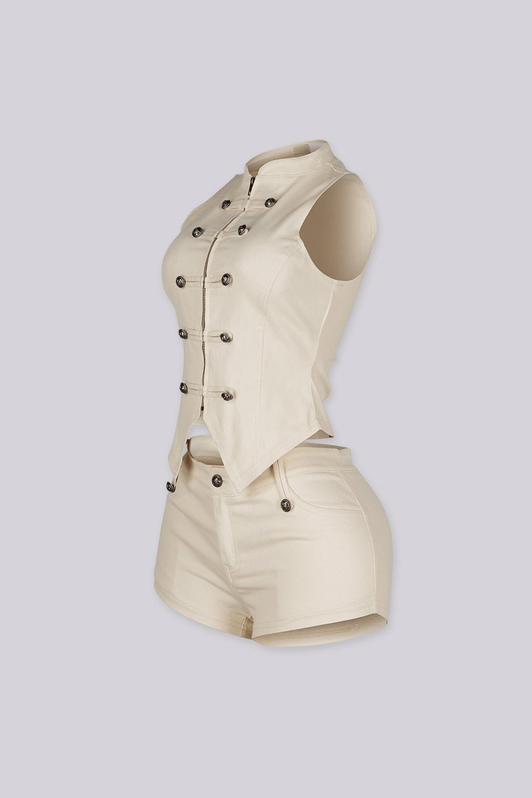 Mandarin collar sleeveless button up vest top featuring a tailored fit