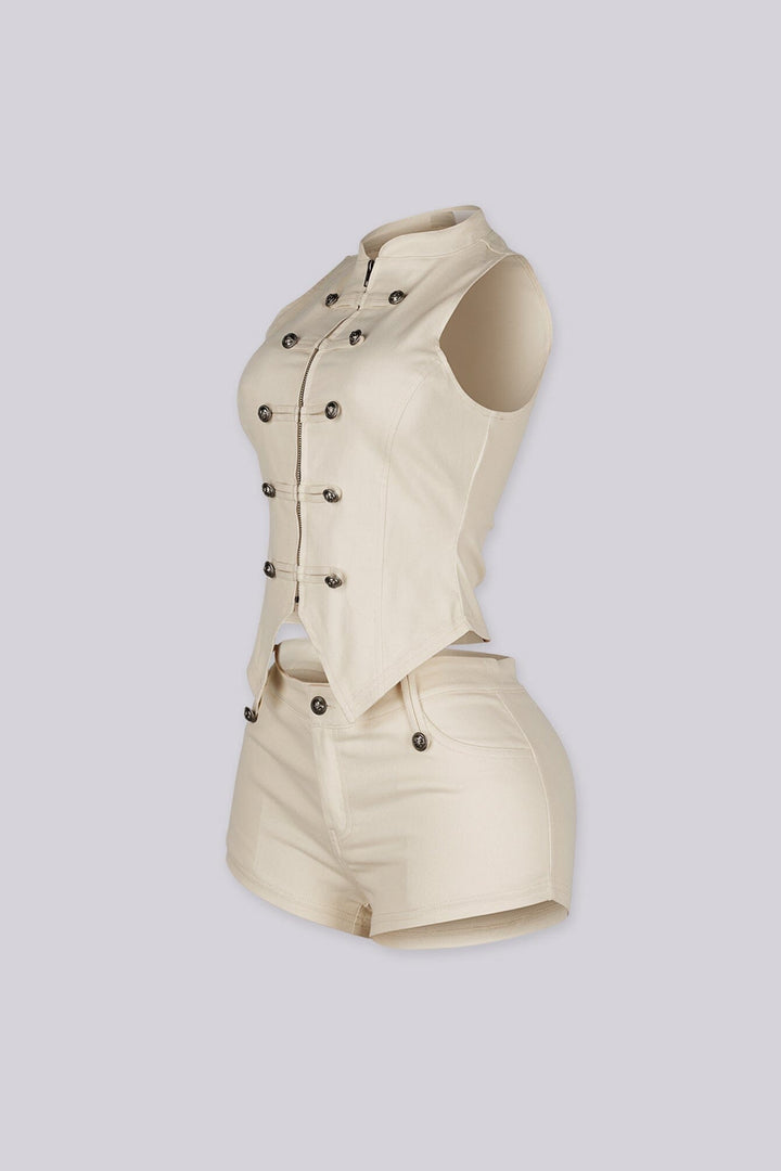 Mandarin collar sleeveless button up vest top featuring a tailored fit