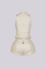 Mandarin collar sleeveless button up vest top featuring a tailored fit